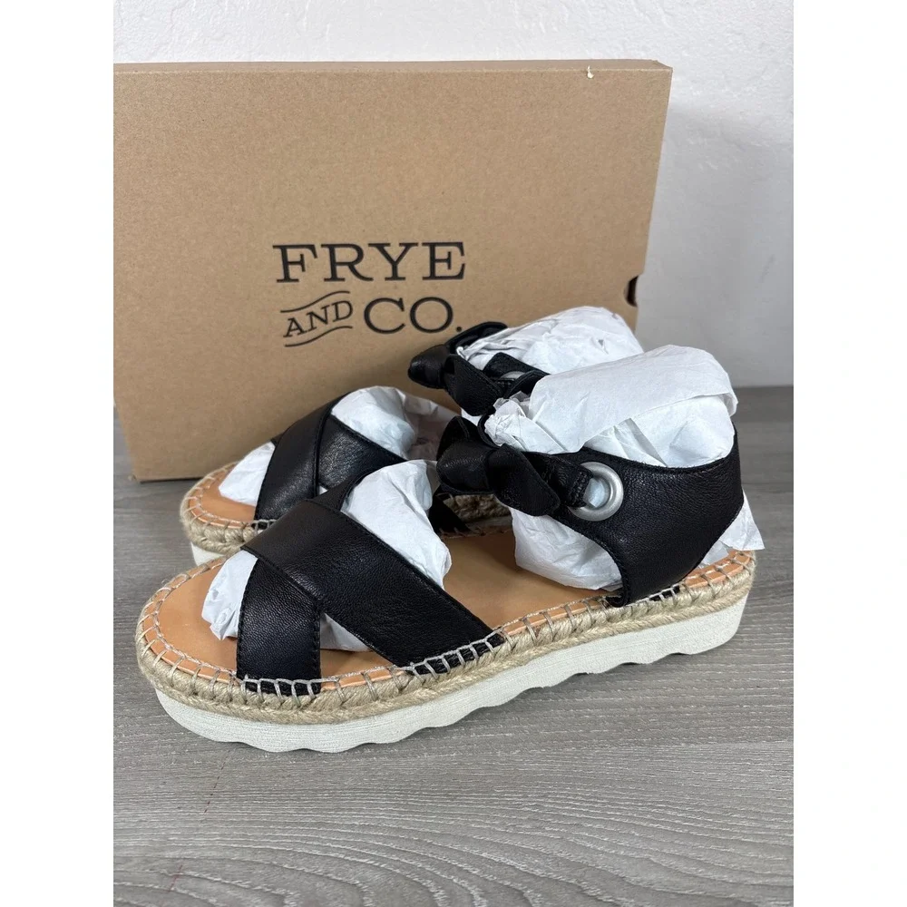Frye and Co Lula Bow Sandal Black Leather Espadrille Platform‎ 9.5 M 3471623-BLK